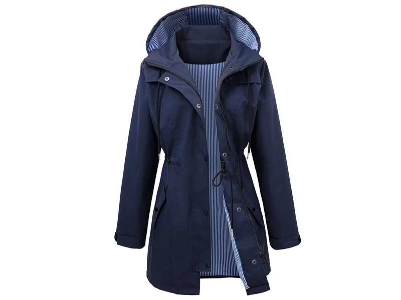 Long Waterproof Rain Jacket with striped lining